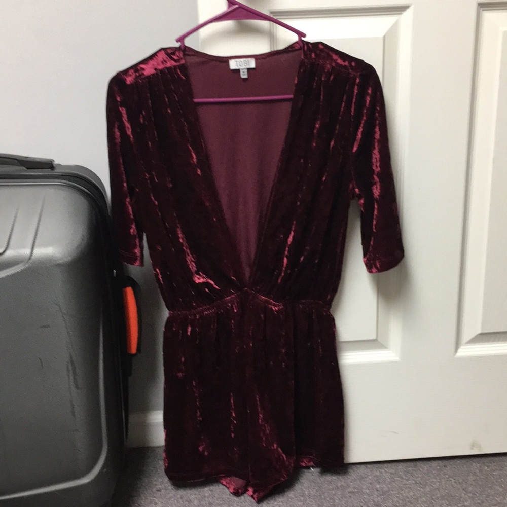 Maroon velvet plunging romper from Tobi